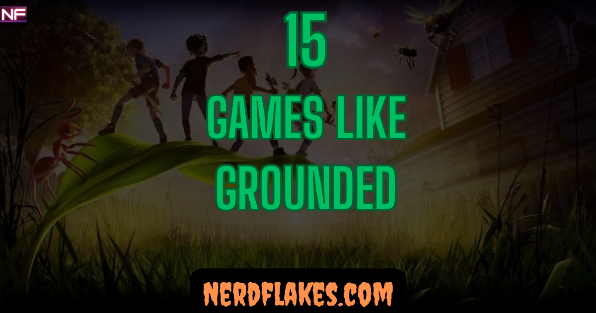 Tiny survivor standing before a giant blade of grass and insects, representing games like Grounded