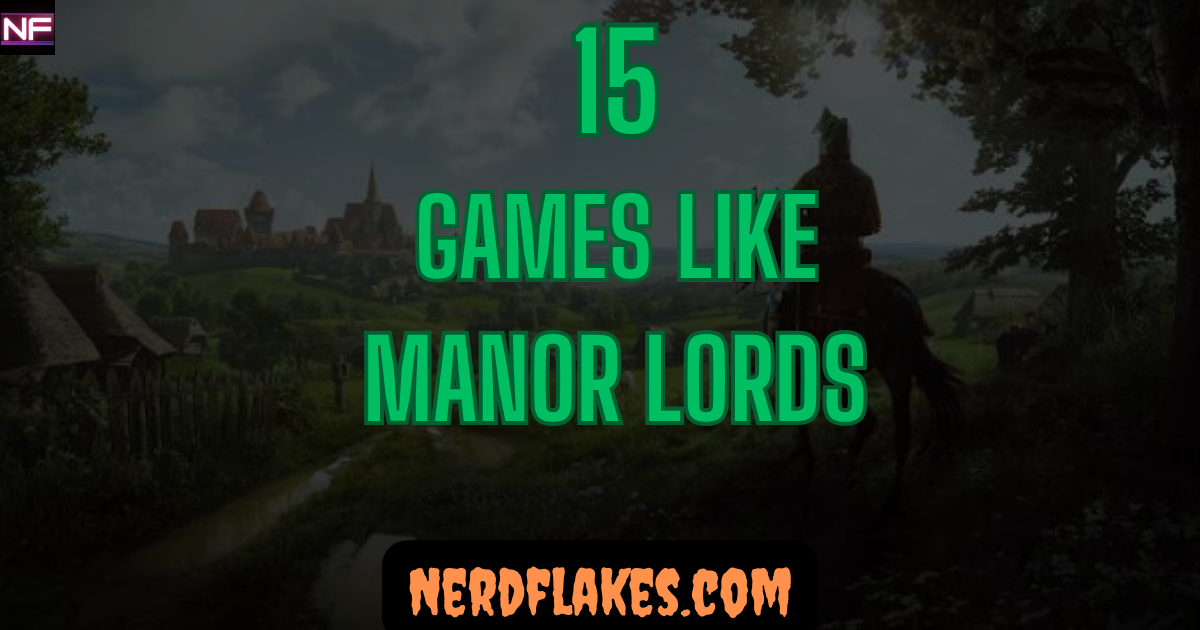 Medieval village with timber houses and farmland spreading toward a lord's manor, representing games like Manor Lords