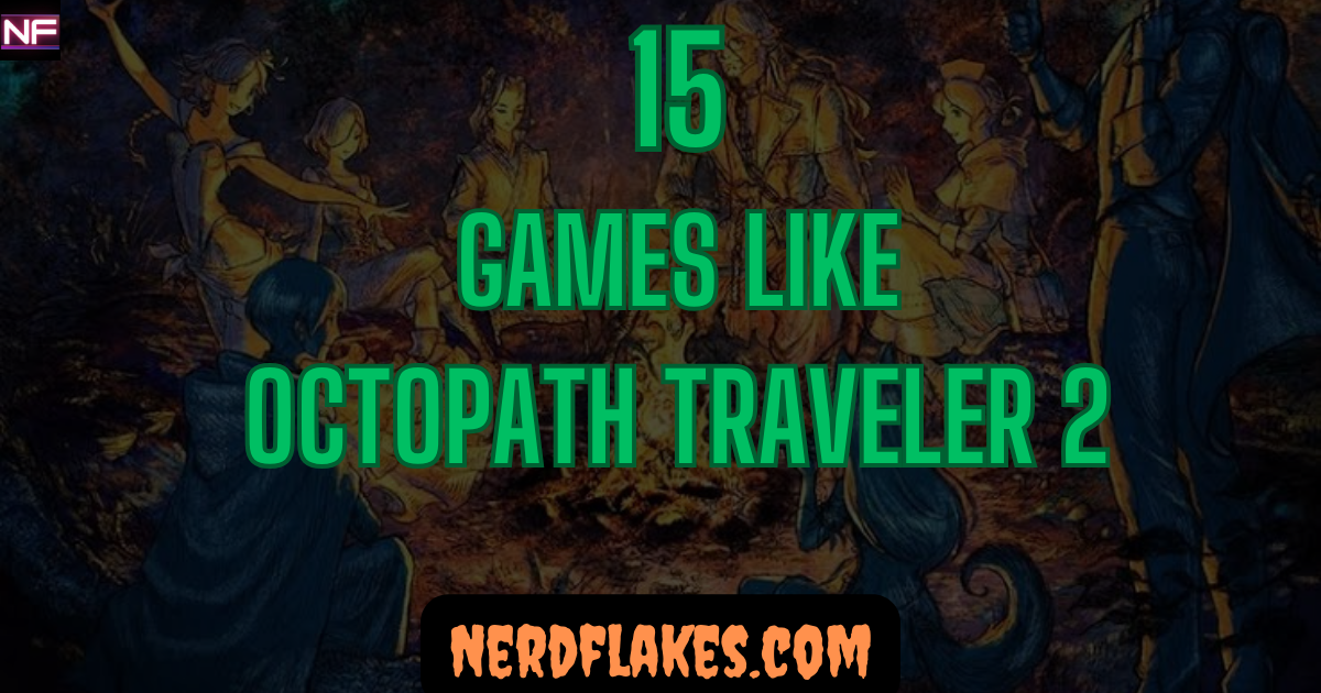 Group of pixel-art adventurers standing in a glowing HD-2D landscape, representing games like Octopath Traveler 2
