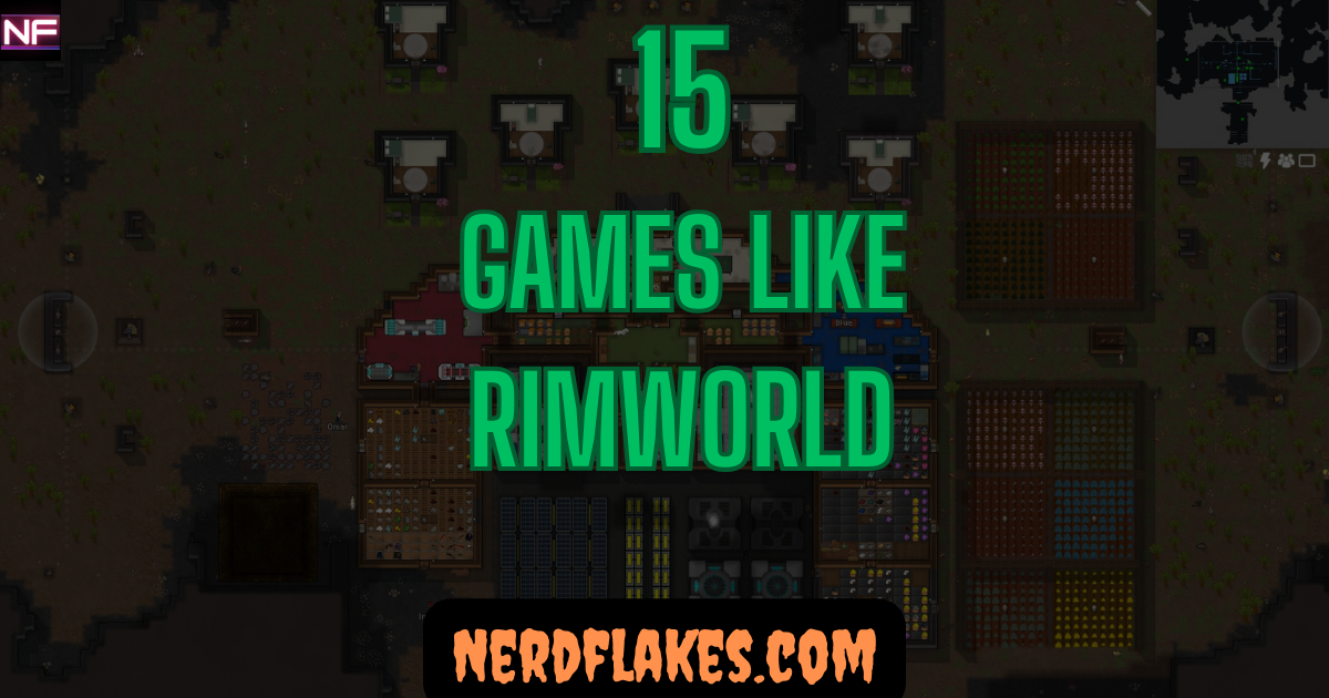 Top-down colony of small characters building, farming, and defending a base, representing games like RimWorld