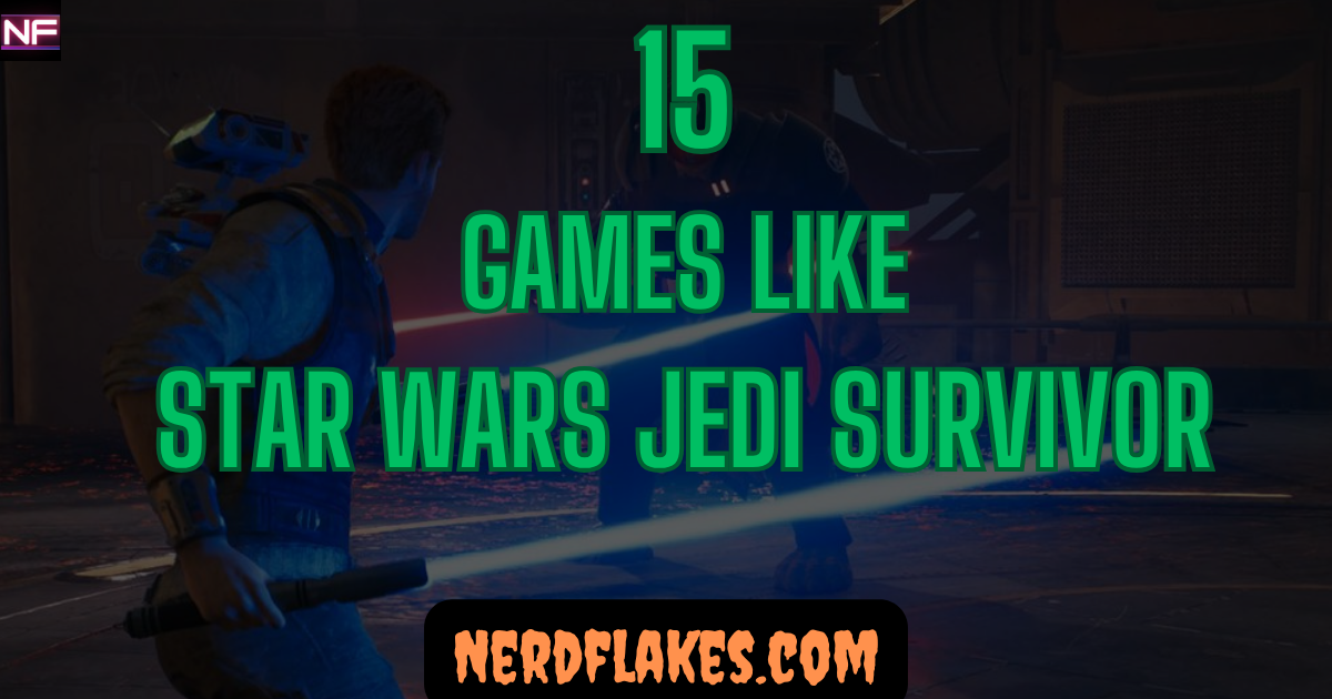 Star Wars Jedi Survivor Jedi warrior wielding a glowing lightsaber in a cinematic action pose, representing games like Star Wars Jedi Survivor