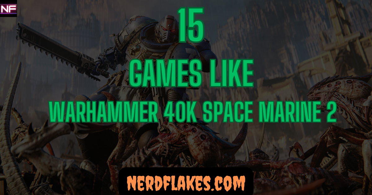 Armored space marine fighting hordes of enemies with a chainsword, representing games like Space Marine 2