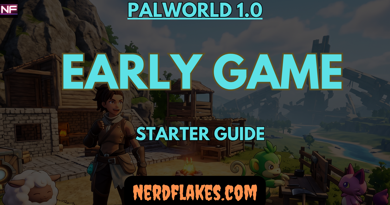 A new player and their first Pals at a starting base in Palworld 1.0