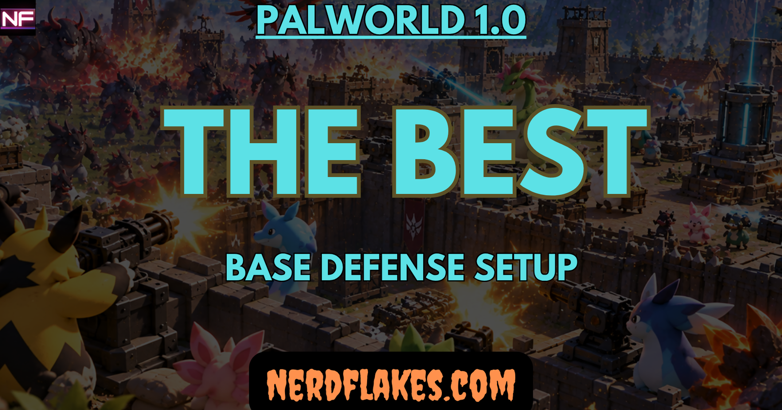 Defensive Pals and turrets guarding a walled base during a raid in Palworld 1.0 Defensive Pals and turrets guarding a walled base during a raid in Palworld 1.0